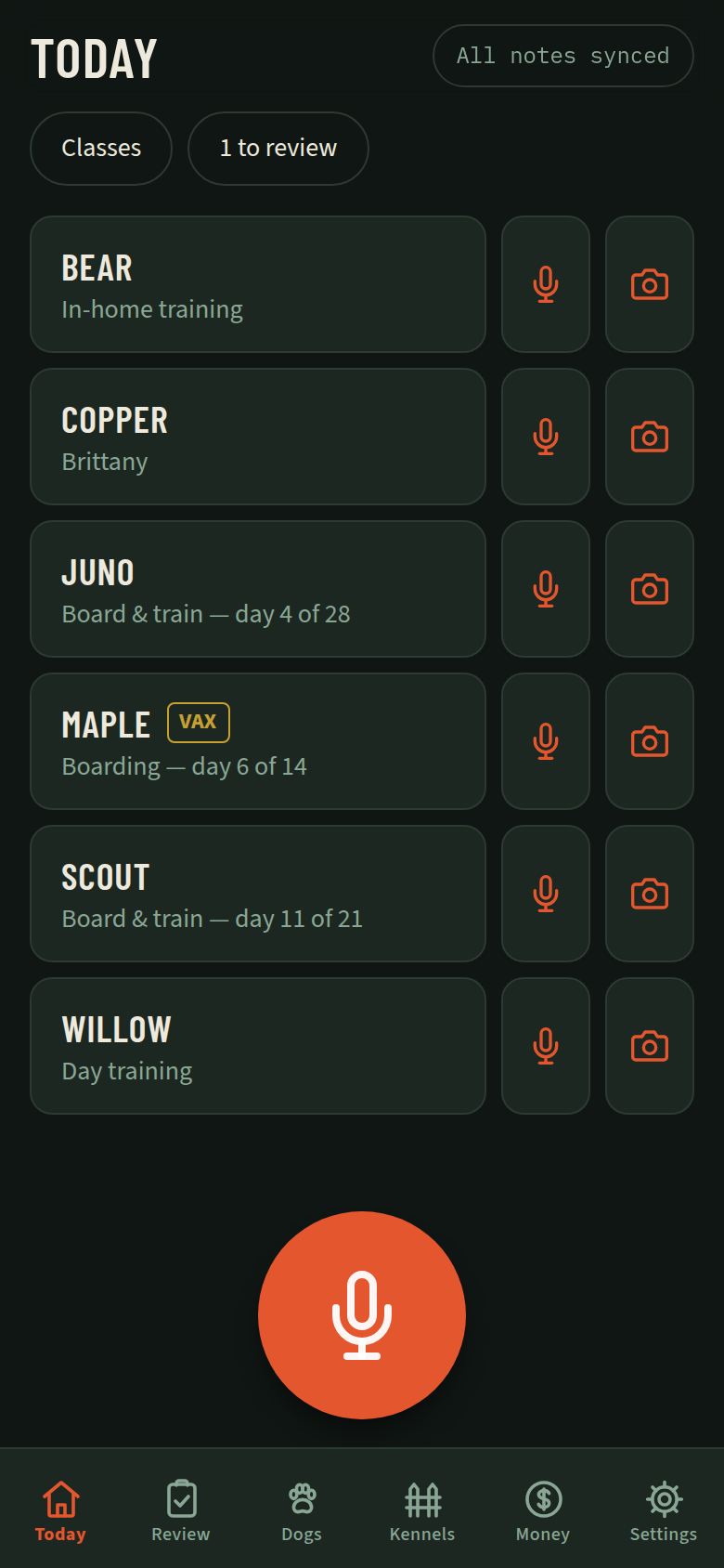 CheckCord Today screen showing the day's roster of dogs