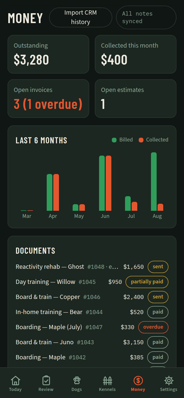 Money screen: outstanding balance, monthly billed vs collected chart, and invoice list